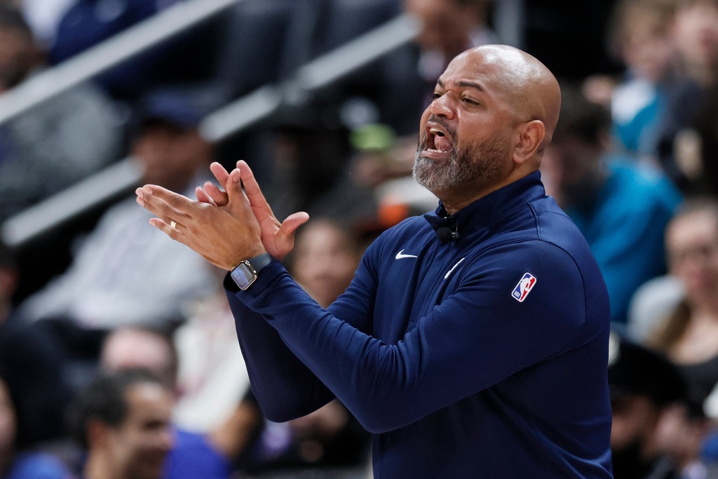 Detroit Pistons head coach J.B. Bickerstaff shouts to his team during the first half of an NBA basketball game against the Philadelphia 76ers Thursday, March 12, 2026, in Detroit. (AP Photo/Duane Burleson)