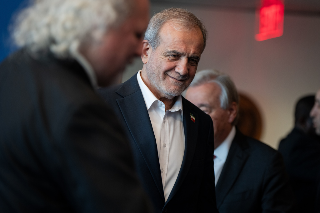 FILE - Masoud Pezeshkian, the President of Iran, attends the United Nations General Assembly at United Nations headquarters, on Sept. 25, 2025. (AP Photo/Angelina Katsanis, File)