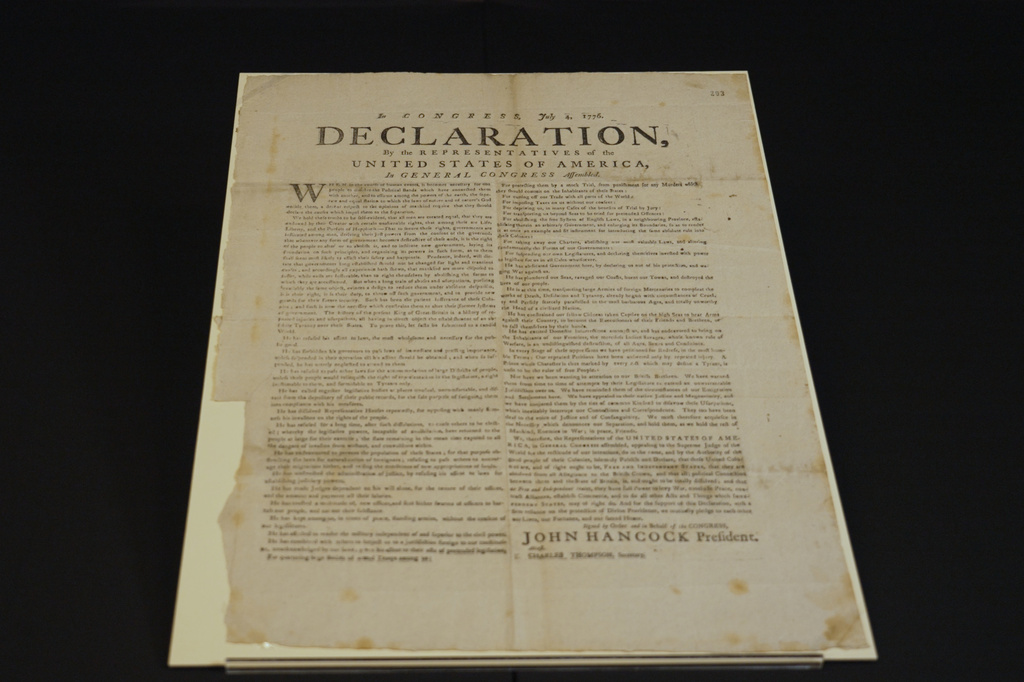 This image made from video shows a newly discovered copy of the U.S. Declaration of Independence, printed in July 1776 in Exeter, is displayed at The National Archives in London, Thursday, July 2, 2026. (AP Photo/Kwiyeon Ha)
