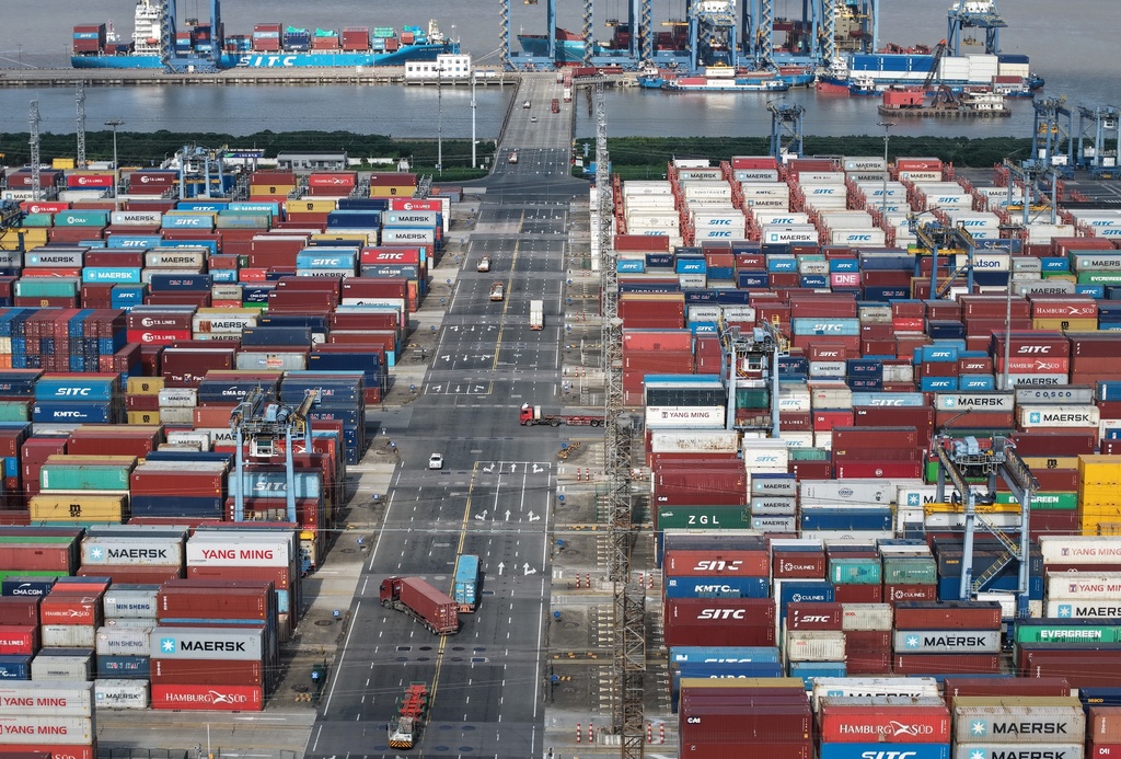 An aerial view of a container terminal in seen in Shanghai, Tuesday, March 10, 2026. (Chinatopix via AP)