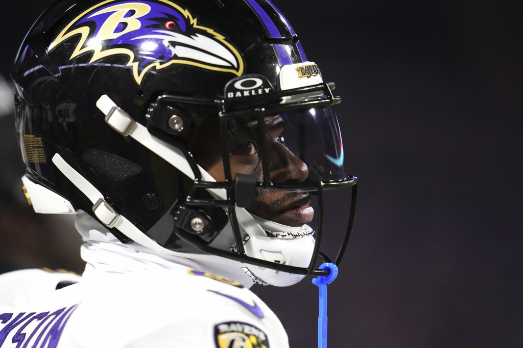 Baltimore Ravens quarterback Lamar Jackson (8) stands on the sidelines during the second half of an NFL football game against the Buffalo Bills in Orchard Park, N.Y., Sunday, Sept. 7, 2025. (AP Photo/Gene J. Puskar)