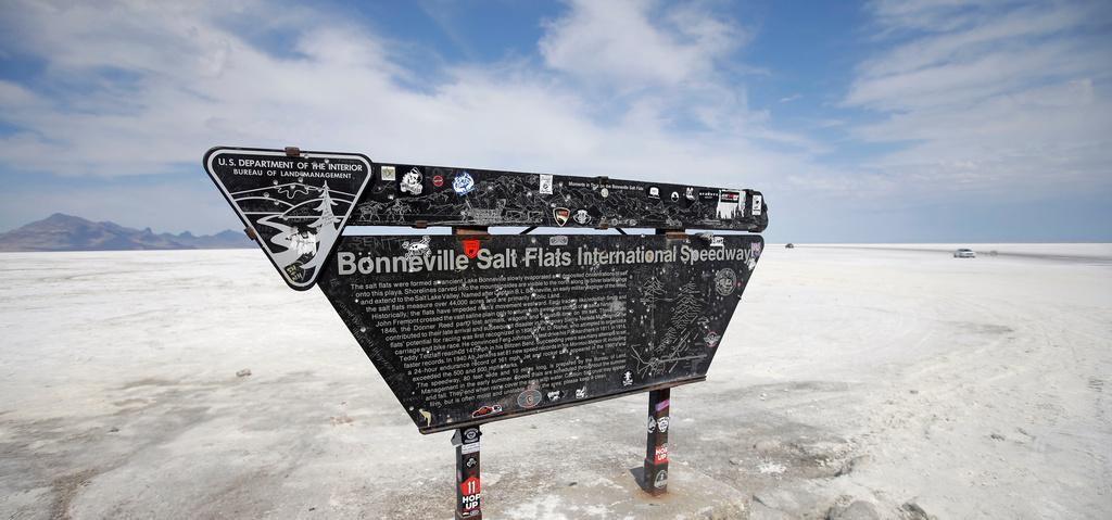 FILE - This Monday, Aug. 15, 2016, photo, shows the Bonneville Salt Flats International Speedway sign, near Wendover, Utah. (AP Photo/Rick Bowmer,File)