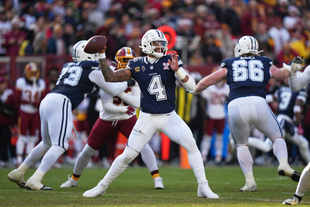 Dallas Cowboys quarterback Dak Prescott throws during the first half an NFL football game against the Washington Commanders Thursday, Dec. 25, 2025, in Landover, Md. (AP Photo/Stephanie Scarbrough)