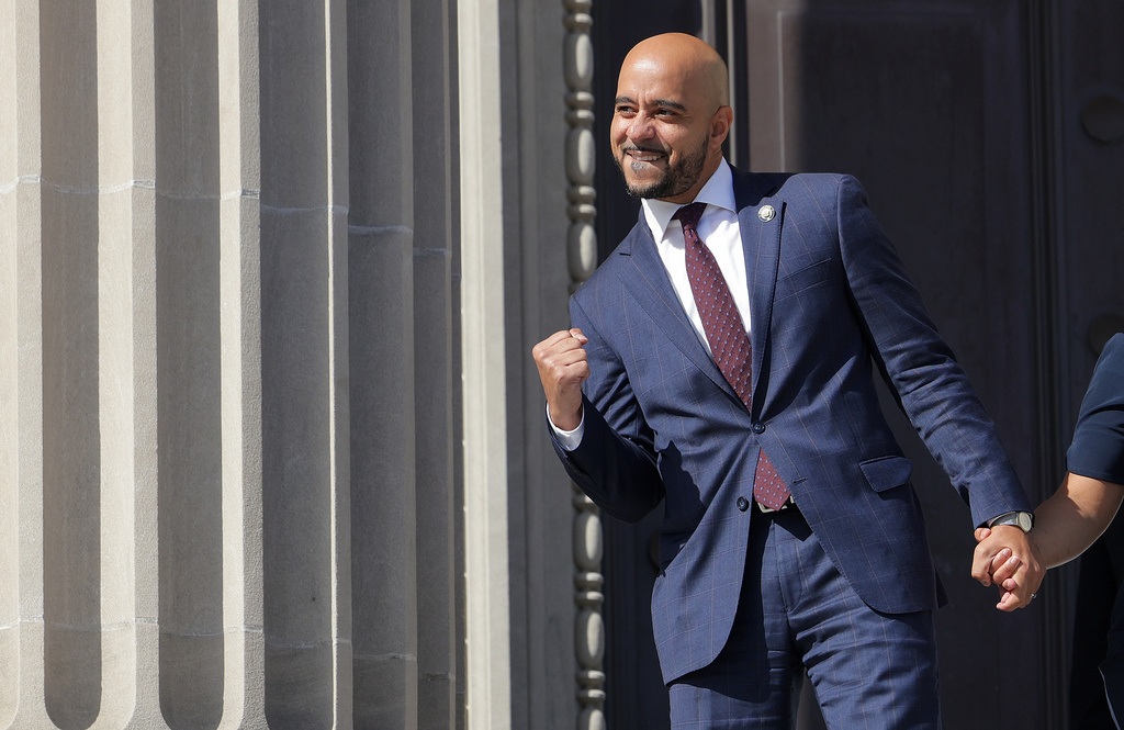 Louisiana state Sen. Royce Duplessis reacts after submitting his qualifying paperwork to run for mayor at the Orleans Parish Clerk of Court's Office in New Orleans on Thursday, July 10, 2025. (Brett Duke/The Times-Picayune/The New Orleans Advocate via AP)