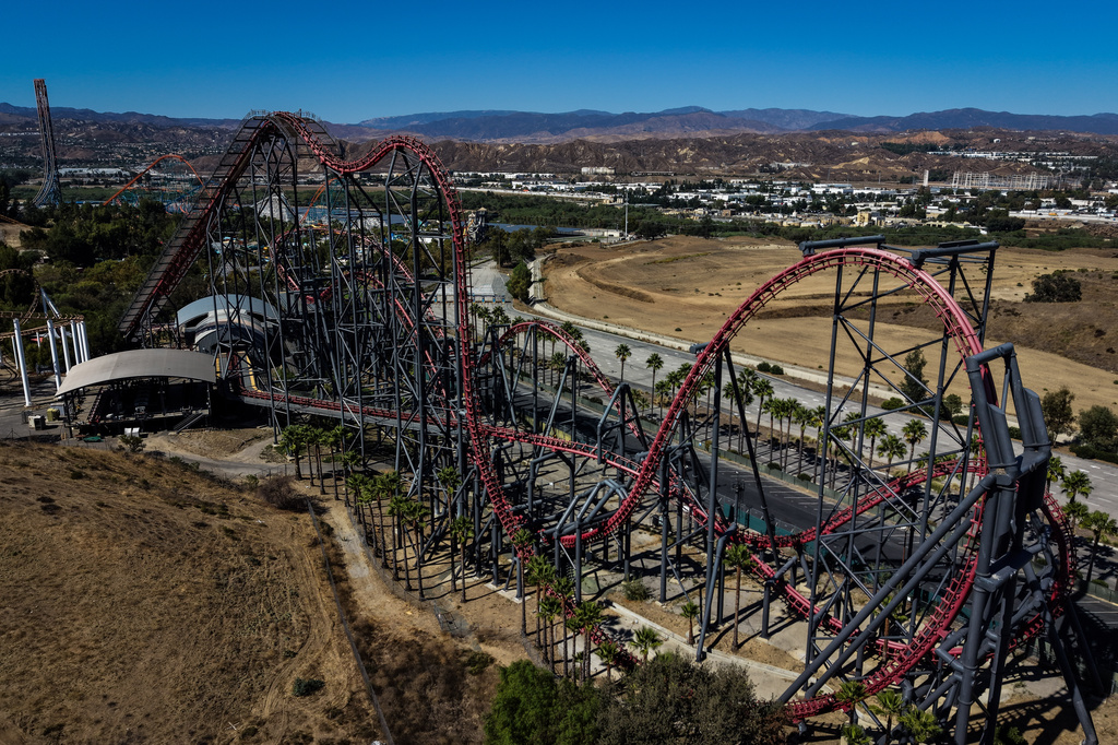This aerial view shows the X2 roller coaster at Six Flags Magic Mountain in Valencia, Calif., Wednesday, Sept. 23, 2026. (AP Photo/Jae C. Hong)