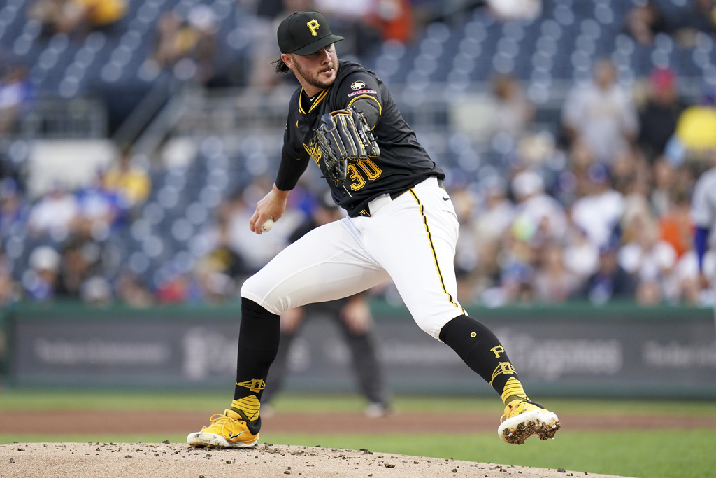 Pittsburgh Pirates pitcher Paul Skenes delivers during the first inning of a baseball game against the Los Angeles Dodgers, Thursday, Sept. 4, 2025, in Pittsburgh. (AP Photo/Matt Freed)