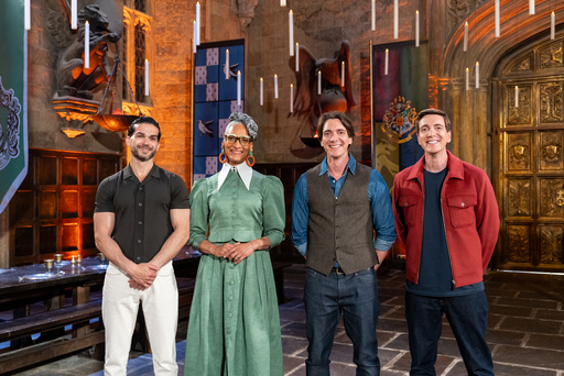 This image released by Food Network shows Jozef Youssef, from left, Carla Hall, James Phelps, and Oliver Phelps posing on the set of "Harry Potter: Wizards of Baking." (Anders Krusberg/Food Network via AP) This image released by Food Network shows Jozef Youssef, from left, Carla Hall, James Phelps, and Oliver Phelps posing on the set of "Harry Potter: Wizards of Baking." (Anders Krusberg/Food Network via AP)