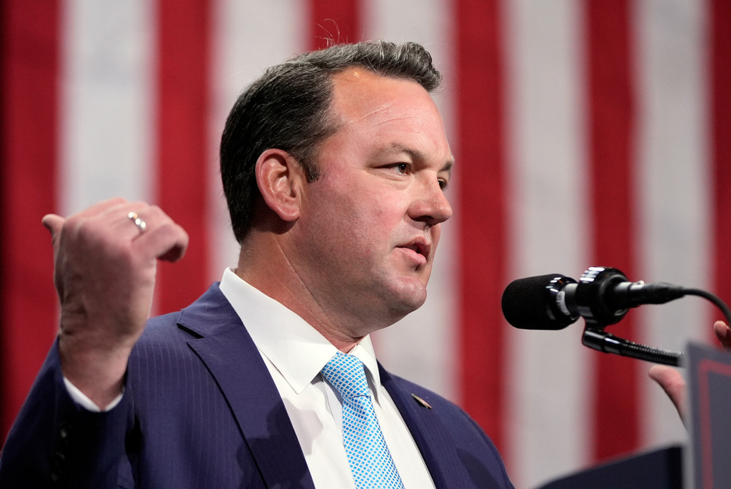 FILE - Georgia Lt. Gov. Burt Jones speaks at a campaign event at the Cobb Energy Performing Arts Centre on Oct. 15, 2024, in Atlanta. (AP Photo/Alex Brandon, File)