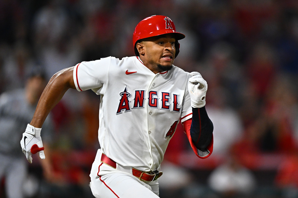 Los Angeles Angels' Christian Moore runs after hitting a walk-off single during the 11th inning of a baseball game against the Minnesota Twins, Saturday, Sept. 19, 2026, in Anaheim, Calif. (AP Photo/William Liang)