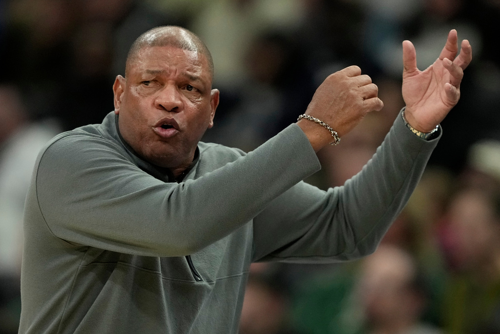 Milwaukee Bucks head coach Doc Rivers reacts during the first half of an NBA basketball game against the Toronto Raptors, Sunday, Feb. 22, 2026, in Milwaukee. (AP Photo/Aaron Gash)