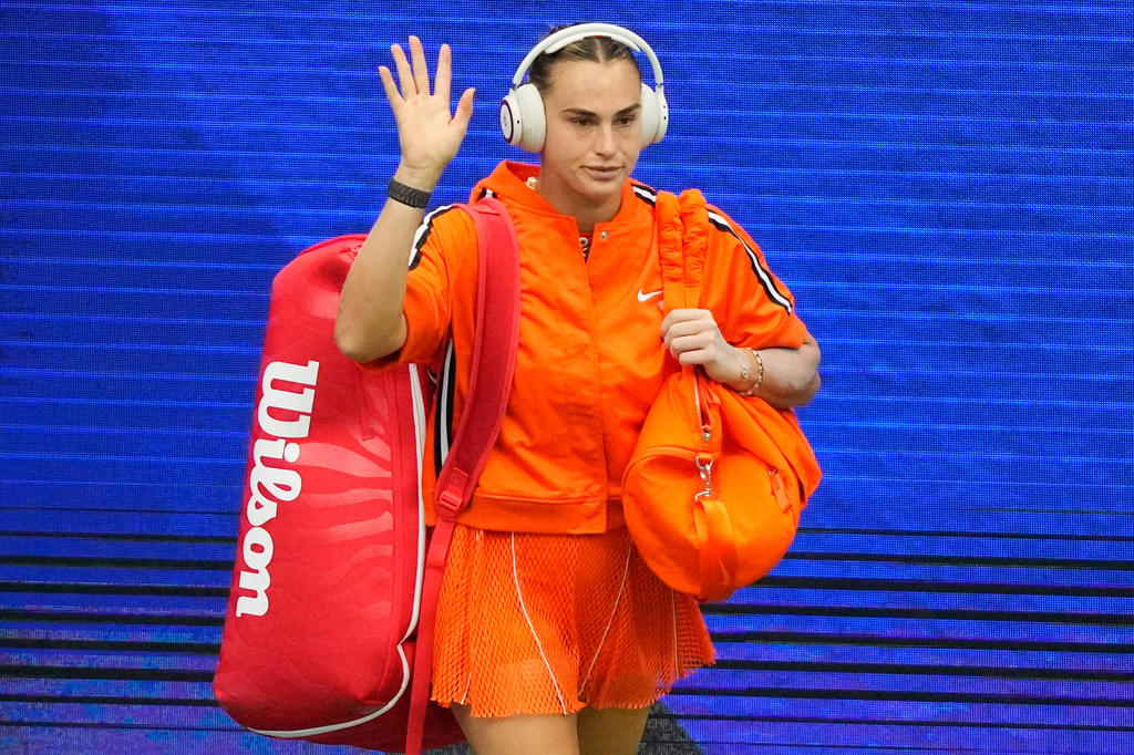 Aryna Sabalenka, of Belarus, arrives for her match against Taylor Townsend, of the United States, during the fourth round of the U.S. Open tennis championships Sunday, Sept. 6, 2026, in New York. (AP Photo/Yuki Iwamura)