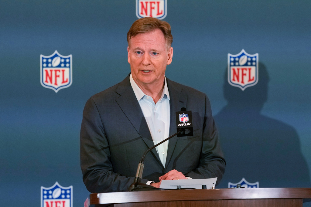 NFL commissioner Roger Goodell speaks at a news conference during the football owners' meetings Tuesday, May 19, 2026, in Orlando, Fla. (AP Photo/John Raoux)