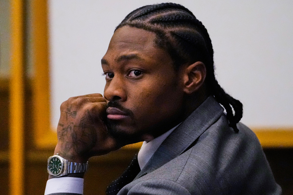 Former New England Patriots wide receiver Stefon Diggs listens to closing arguments during his trial at Norfolk County District Court, Tuesday, May 5, 2026, in Dedham, Mass. (AP Photo/Charles Krupa, Pool)