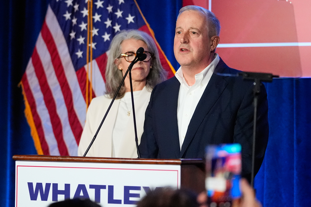 North Carolina Republican Senate candidate former RNC Chairman Michael Whatley speaks at a primary election night watch party Tuesday, March 3, 2026, in Charlotte, N.C. (AP Photo/Erik Verduzco)