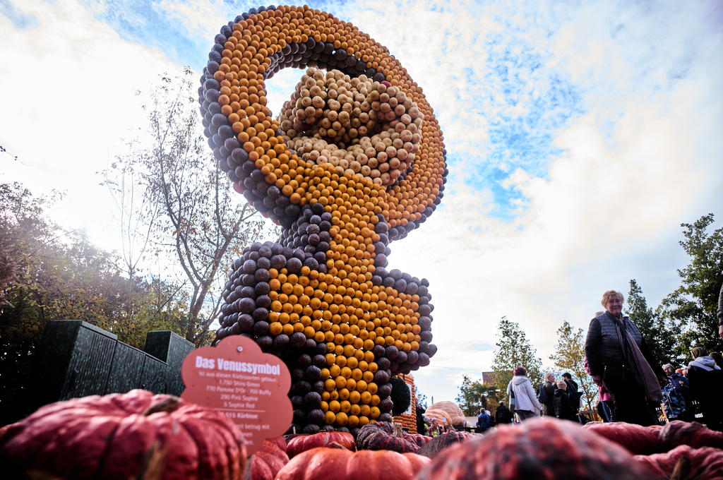 A pumpkin sculpture depicting a female symbol associated with strength and unity, is displayed at Klaistow farm’s annual pumpkin festival, which this year celebrates “powerful women,” in Beelitz near Berlin, Germany, Tuesday, Oct. 21, 2025. (AP Photo/Markus Schreiber)