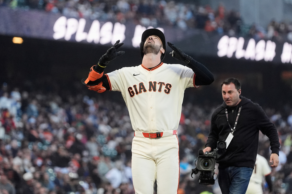 San Francisco Giants' Bryce Eldridge celebrates after hitting a home run against the Colorado Rockies during the fourth inning of a baseball game Thursday, July 9, 2026, in San Francisco. (AP Photo/Jeff Chiu)
