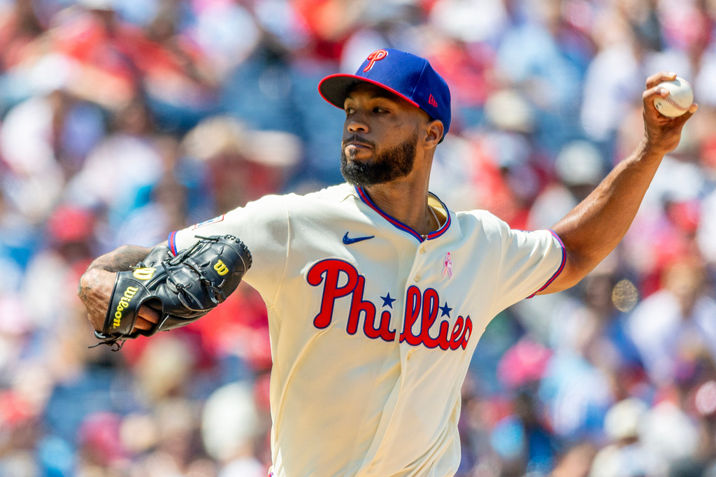 Philadelphia Phillies starting pitcher Cristopher Sánchez throws during the first inning of a baseball game against the Colorado Rockies, Sunday, May 10, 2026, in Philadelphia. (AP Photo/Laurence Kesterson)