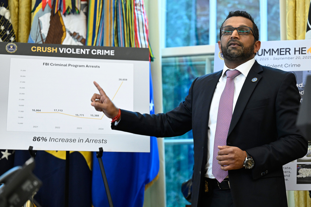 FBI Director Kash Patel speaks during an event with President Donald Trump in the Oval Office at the White House, Wednesday, Oct. 15, 2025, in Washington. (AP Photo/John McDonnell)