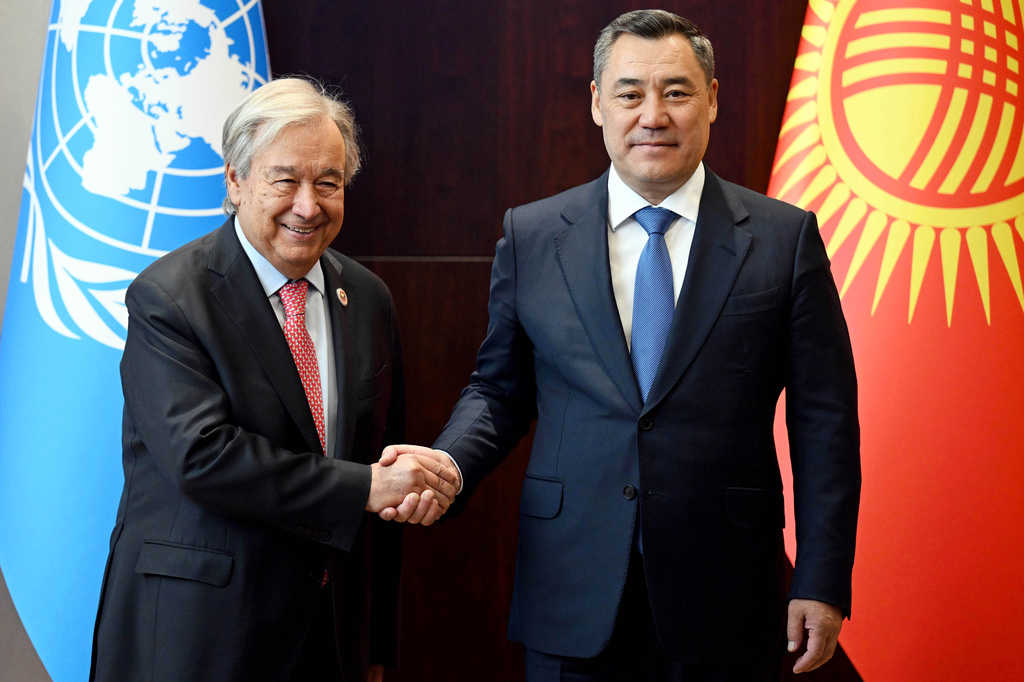 In this photo provided by Kyrgyzstan's Presidential Press Office, United Nations Secretary-General Antonio Guterres, left, and Kyrgyz President Sadyr Zhaparov shake hands during their meeting on the sidelines of the Shanghai Cooperation Organization (SCO) Summit in Bishkek, Kyrgyzstan, Monday, Aug. 31, 2026. (Sultan Dosaliev/Kyrgyzstan's Presidential Press Office via AP)