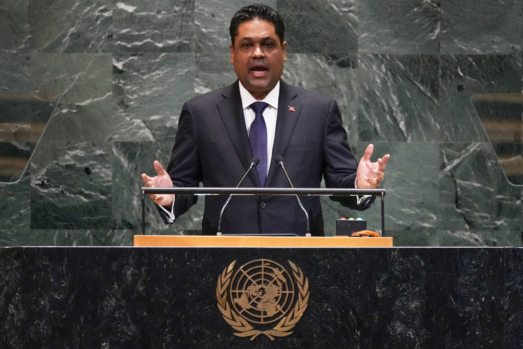 Haiti President Franck Laurent Saint Cyr addresses the 80th session of the United Nations General Assembly, Thursday, Sept. 25, 2025. (AP Photo/Richard Drew)