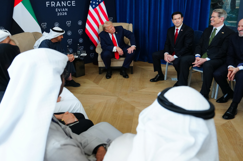 President Donald Trump and Crown Prince of Abu Dhabi Sheikh Khaled Bin Mohamed Bin Zayed Al Nahyan meet on the sidelines of the G7 summit, Tuesday, June 16, 2026, in Evian-les-Bains, France. (AP Photo/Julia Demaree Nikhinson)