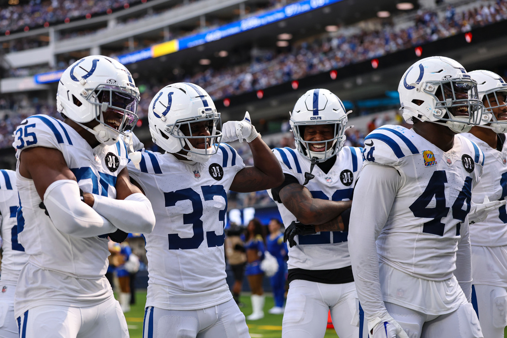 Indianapolis Colts defensive players celebrates a fumble recovery against the Los Angeles Rams during the second hall of an NFL football game Sunday, Sept. 28, 2025, in Inglewood, Calif. (AP Photo/Eric Thayer)
