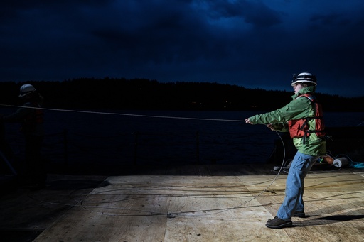 Isabelle Brandicourt, a graduate student at the University of Washington School of Oceanography, prepares to deploy a 1.3-mile fiber-optic cable to test whether internet cables can detect endangered orca vocalizations near San Juan Island, Wash., Friday, Oct. 10, 2025. (AP Photo/Annika Hammerschlag) Isabelle Brandicourt, a graduate student at the University of Washington School of Oceanography, prepares to deploy a 1.3-mile fiber-optic cable to test whether internet cables can detect endangered orca vocalizations near San Juan Island, Wash., Friday, Oct. 10, 2025. (AP Photo/Annika Hammerschlag)