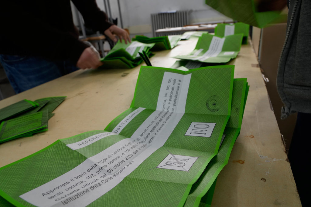Ballots are counted at a polling station at the end of the vote for a referendum on judicial reform in Rome, Monday, March 23, 2026. (AP Photo/Gregorio Borgia)