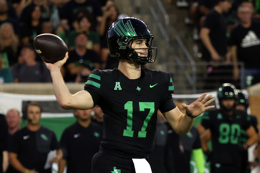 North Texas quarterback Drew Mestemaker (17) looks to throw a pass against South Florida during an NCAA college football game Friday, Oct. 10, 2025, in Denton, Texas. (AP Photo/Richard W. Rodriguez)
