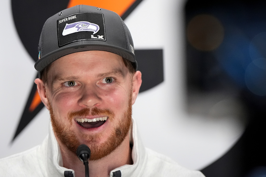 Seattle Seahawks quarterback Sam Darnold speaks during the NFL Super Bowl Opening Night, Monday, Feb. 2, 2026, in San Jose, Calif. ahead of the Super Bowl 60 football game between the New England Patriots and the Seattle Seahawks. (AP Photo/Brynn Anderson)