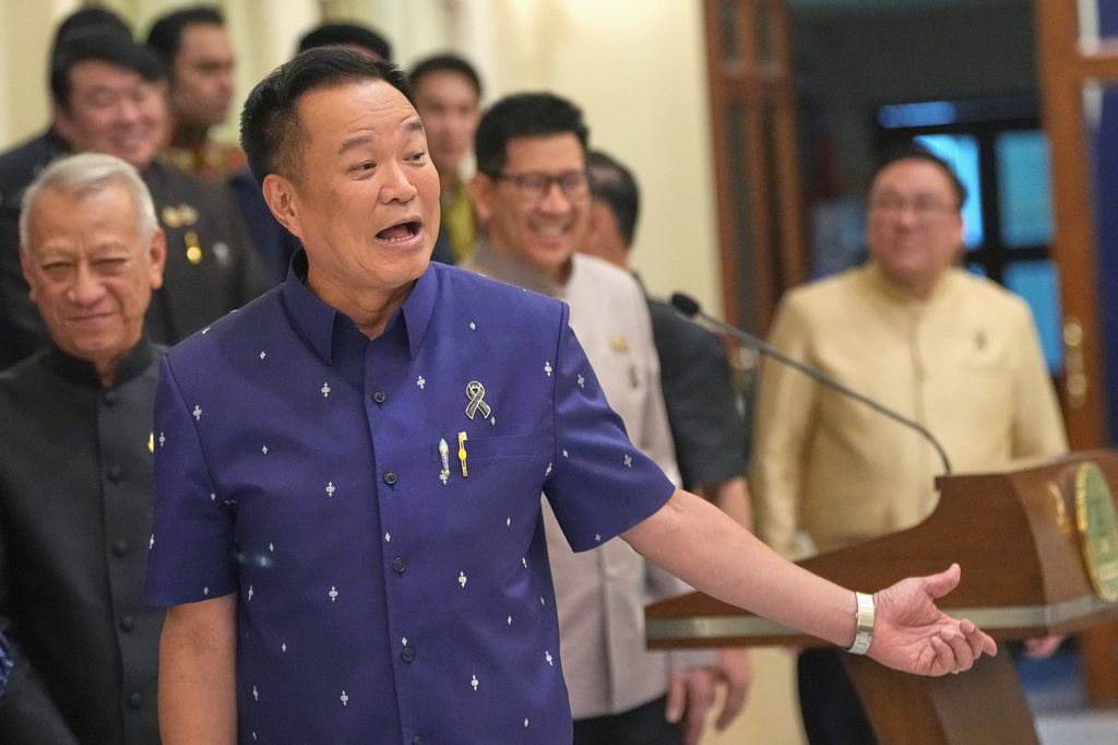 Thailand's Prime Minister Anutin Charnvirakul speaks during a news conference in Bangkok, Thailand, Tuesday, May 5, 2026. (AP Photo/Sakchai Lalit)
