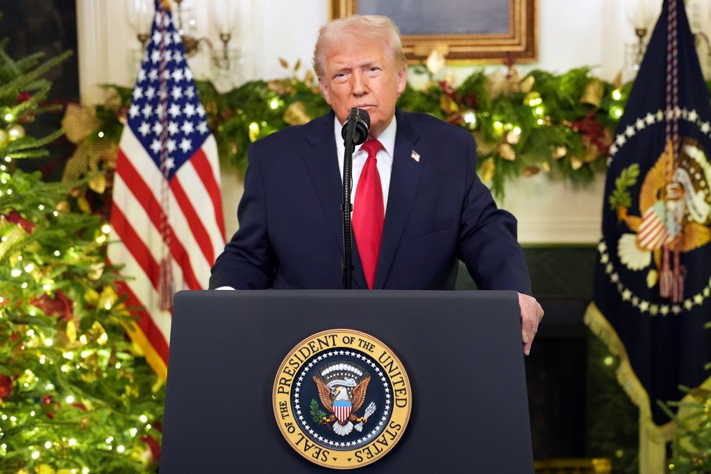 President Donald Trump speaks during an address to the nation from the Diplomatic Reception Room at the White House, Wednesday, Dec. 17, 2025, in Washington. (Doug Mills/The New York Times via AP, Pool)