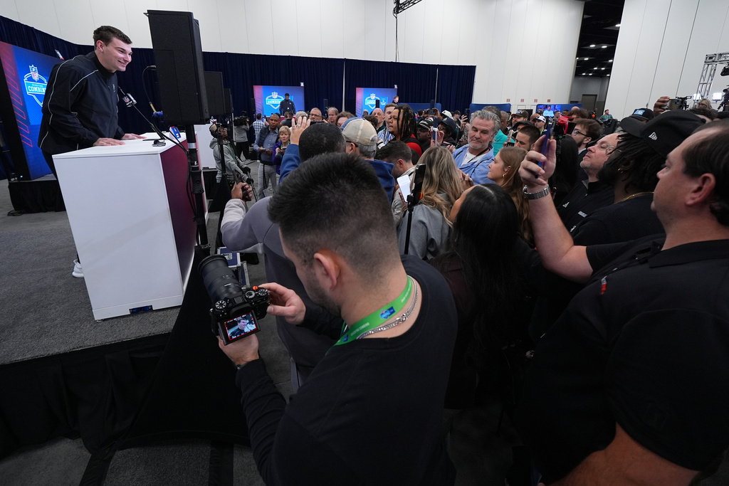 Indiana quarterback Fernando Mendoza, speaks during a news conference at the NFL football scouting combine in Indianapolis, Friday, Feb. 27, 2026. (AP Photo/Julio Cortez)