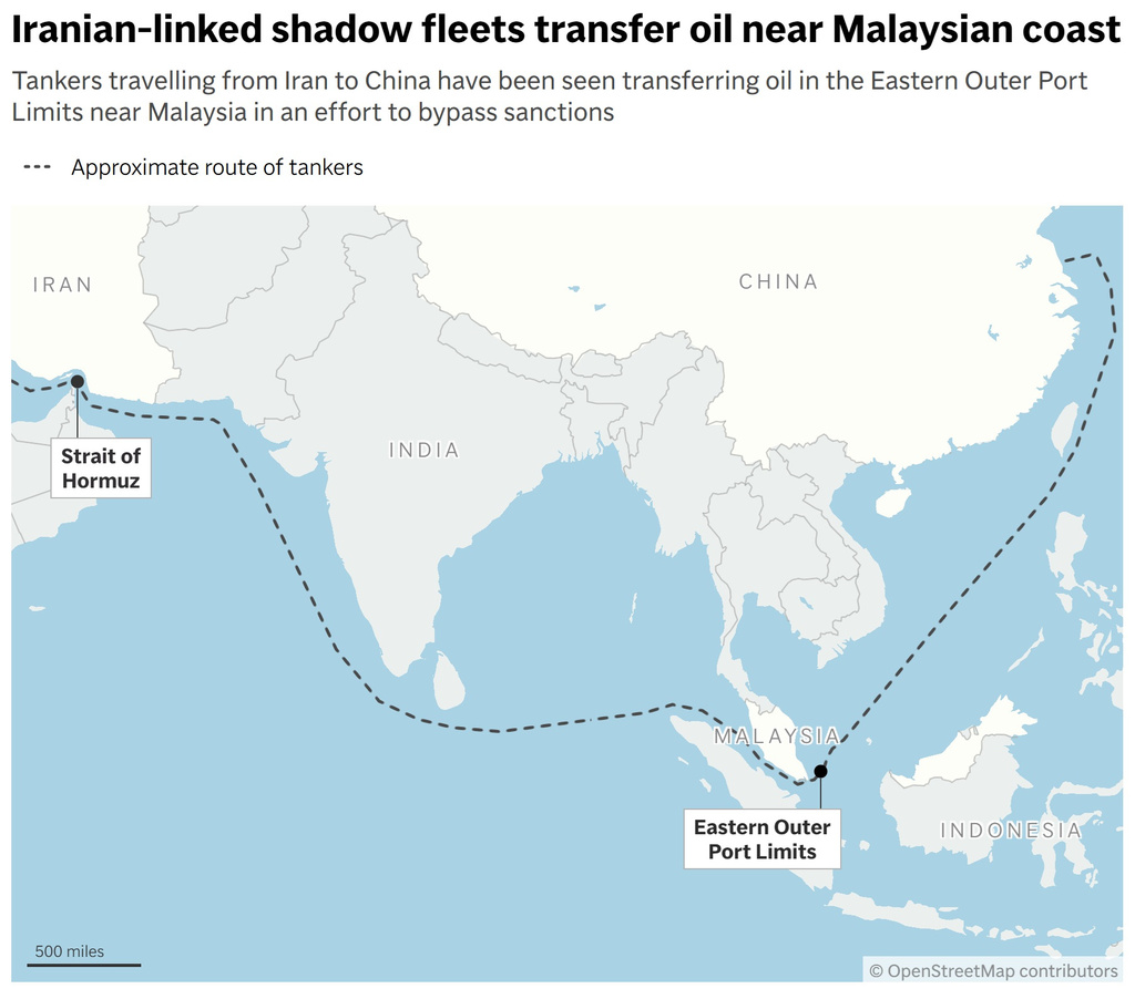 Map showing where tankers from Iran transfer oil in the Eastern Outer Port Limits near Malaysia, in an effort to bypass sanctions. (AP Digital Embed)