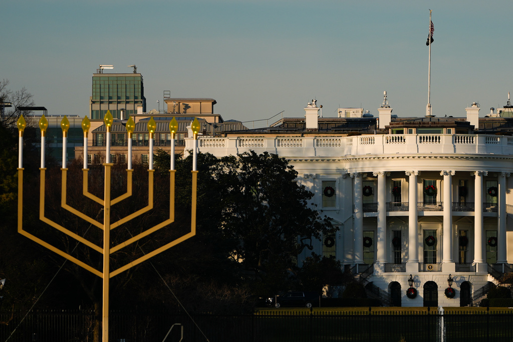 FILE - A large menorah stands in front of the White House on the third night of Hanukkah, Dec. 16, 2025, in Washington. (AP Photo/Julia Demaree Nikhinson, File)