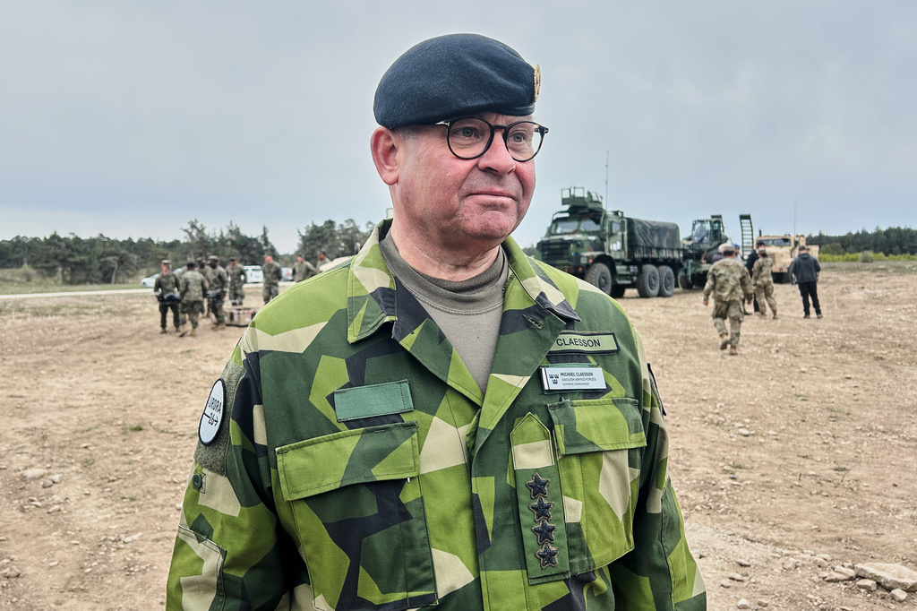 General Michael Claesson, Chief of Defense of the Swedish armed forces attends a military exercises in Gotland, Sweden, Monday, May 11, 2026. (AP Photo/Emma Burrows)