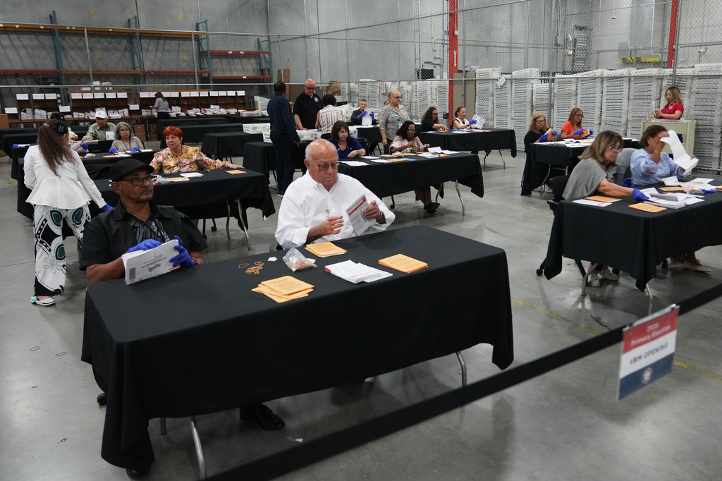 Election workers sort vote-by-mail ballots at the Miami-Dade County Supervisor of Elections Office for the Florida primary election in Doral, Fla., Tuesday, Aug. 18, 2026. (AP Photo/Lynne Sladky)
