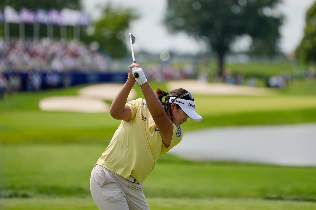 Haeran Ryu, of South Korea, hits on the eighth hole during the final round of the Women's PGA Championship golf tournament at Hazeltine National Golf Club, Sunday, June 28, 2026, in Chaska, Minn. (AP Photo/Chris Carlson)