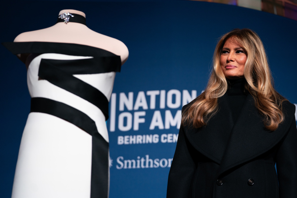 First lady Melania Trump presents her 2025 inaugural ball gown to the Smithsonian National Museum of American History, Friday, Feb. 20, 2026, in Washington. (AP Photo/Allison Robbert)