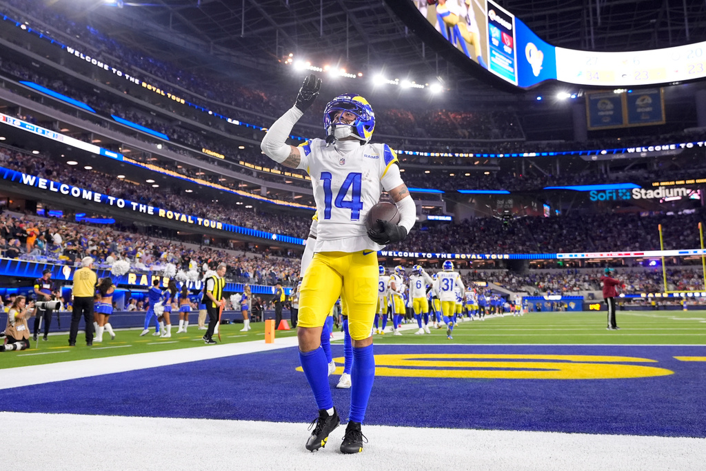 Los Angeles Rams cornerback Cobie Durant (14) celebrates after scoring a touchdown against the Tampa Bay Buccaneers during the first half of an NFL football game Sunday, Nov. 23, 2025, in Inglewood, Calif. (AP Photo/Mark J. Terrill)