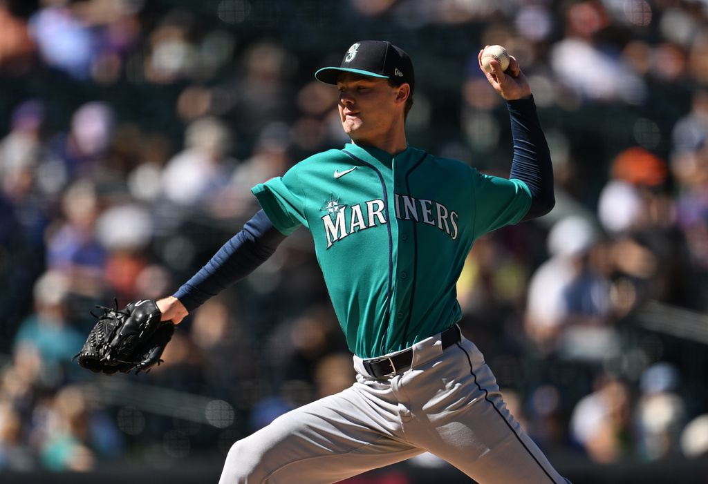 Seattle Mariners starting pitcher Kade Anderson works against Colorado Rockies in the first inning during a baseball game Sunday, Sept. 20, 2026, in Denver. (AP Photo/RJ Sangosti)
