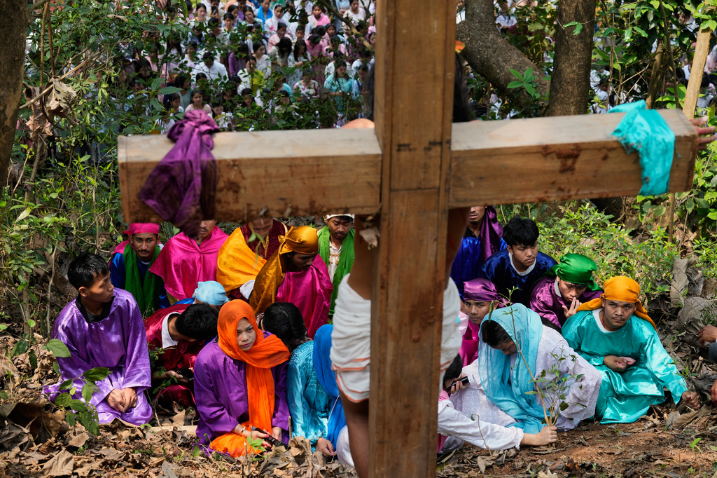 Christians reenact the crucifixion of Jesus Christ in Guwahati, India, on Good Friday, April 3, 2026. (AP Photo/Anupam Nath)
