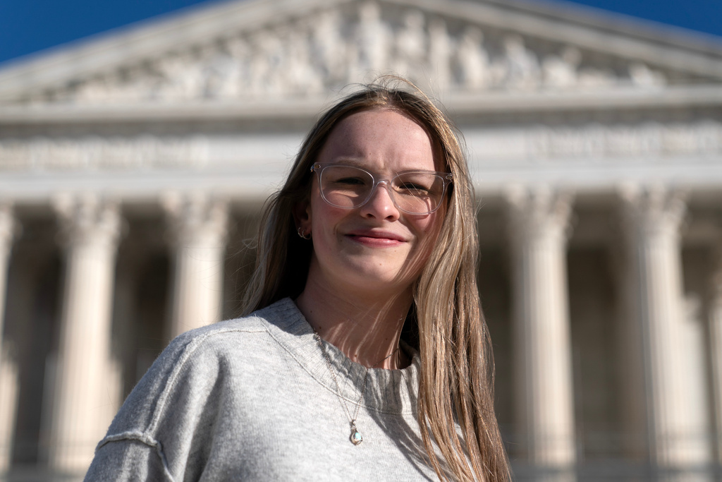 Becky Pepper-Jackson poses for a photograph outside of the U.S. Supreme Court in Washington, Sunday, Jan. 11, 2026. (AP Photo/Jose Luis Magana)