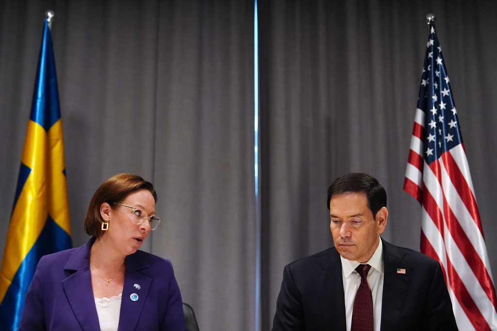 United States Secretary of State Marco Rubio, right, and Sweden's Foreign Minister Maria Malmer Stenergard during a signing ceremony on the sidelines of a meeting of NATO foreign ministers in Helsingborg, Sweden, Friday, May 22, 2026. (AP Photo/Julia Demaree Nikhinson, Pool)