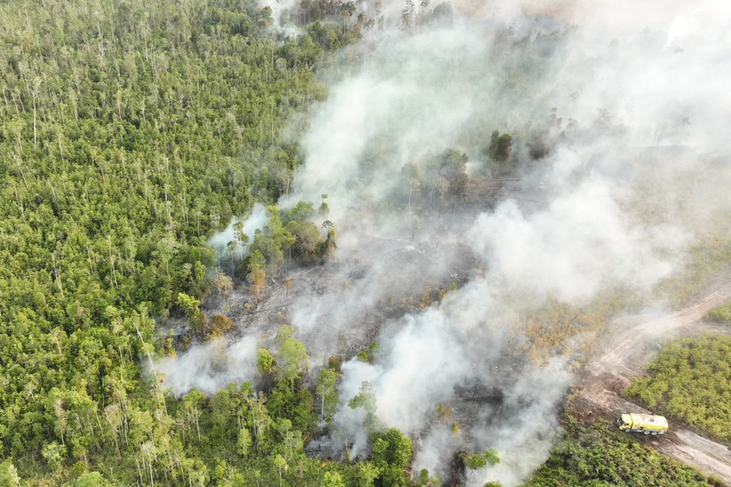In this aerial photo released by Indonesia's National Disaster Mitigation Agency (BNPB) on Friday, Aug. 21, 2026, smoke billows as a wildfire rages through a peatland forest in Bulungan, North Kalimantan, Indonesia. (BNPB via AP)