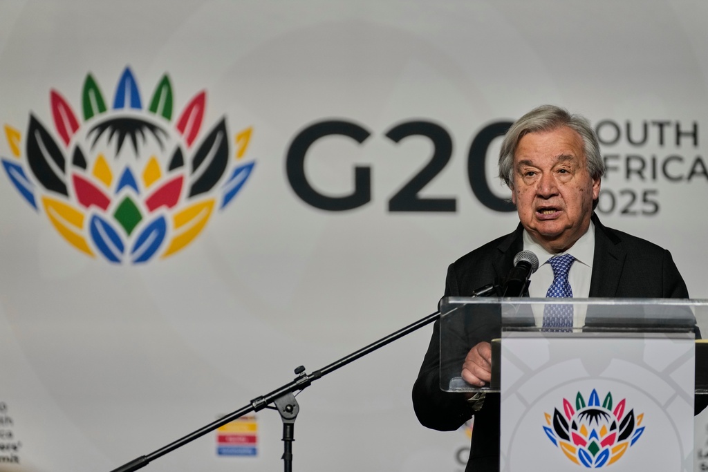 United Nations Secretary-General António Guterres addresses a media conference on the eve of the G20 Summit in Johannesburg, South Africa, Friday, Nov. 21, 2025. (AP Photo/Themba Hadebe)