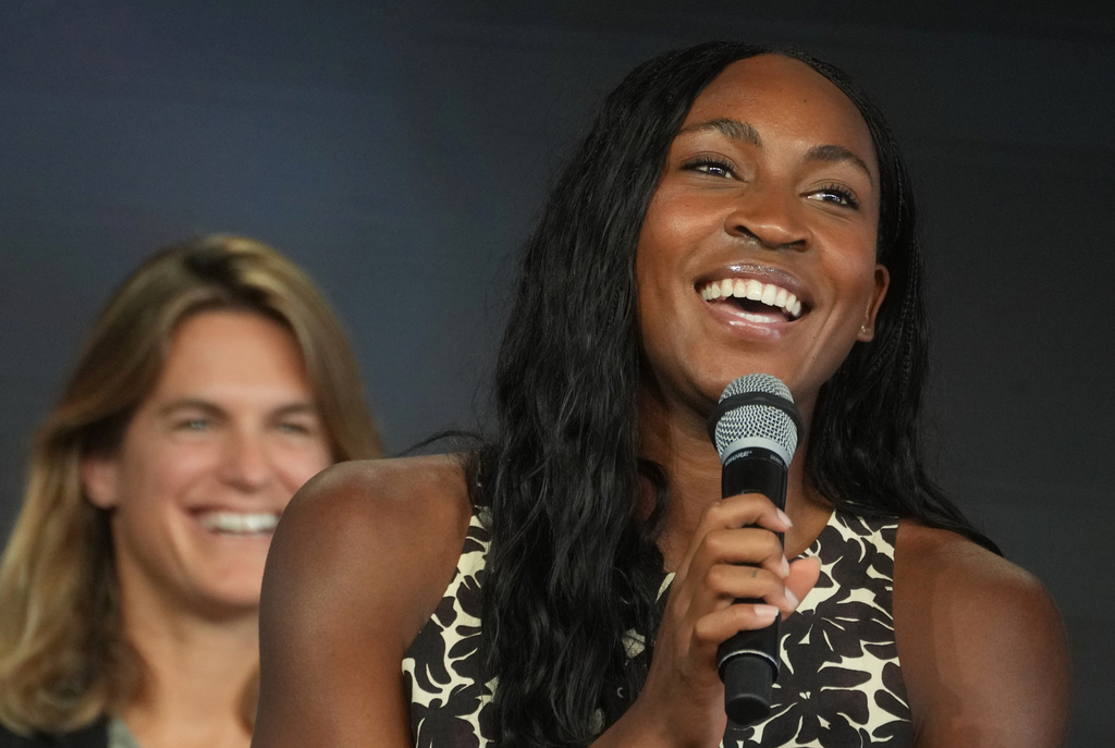 United States' tennis player Coco Gauff speaks to the media during the draw for the French Open tennis tournament, Thursday, May 21, 2026, at the Roland Garros stadium in Paris. (AP Photo/Thibault Camus)
