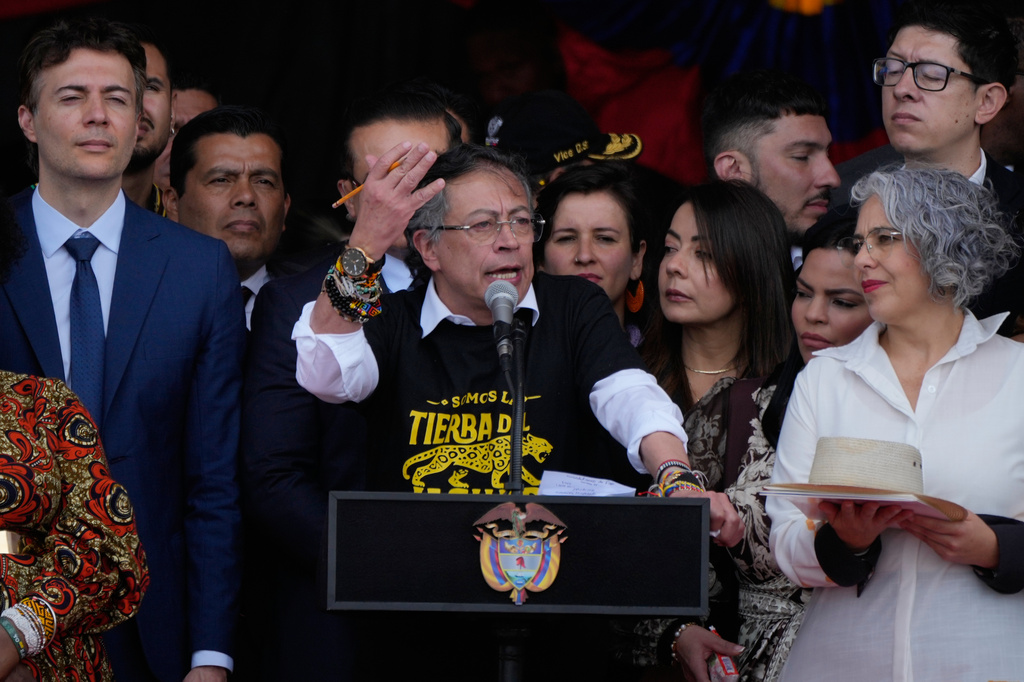President Gustavo Petro speaks after a military parade marking Independence Day in Bogota, Colombia, Monday, July 20, 2026. (AP Photo/Fernando Vergara)