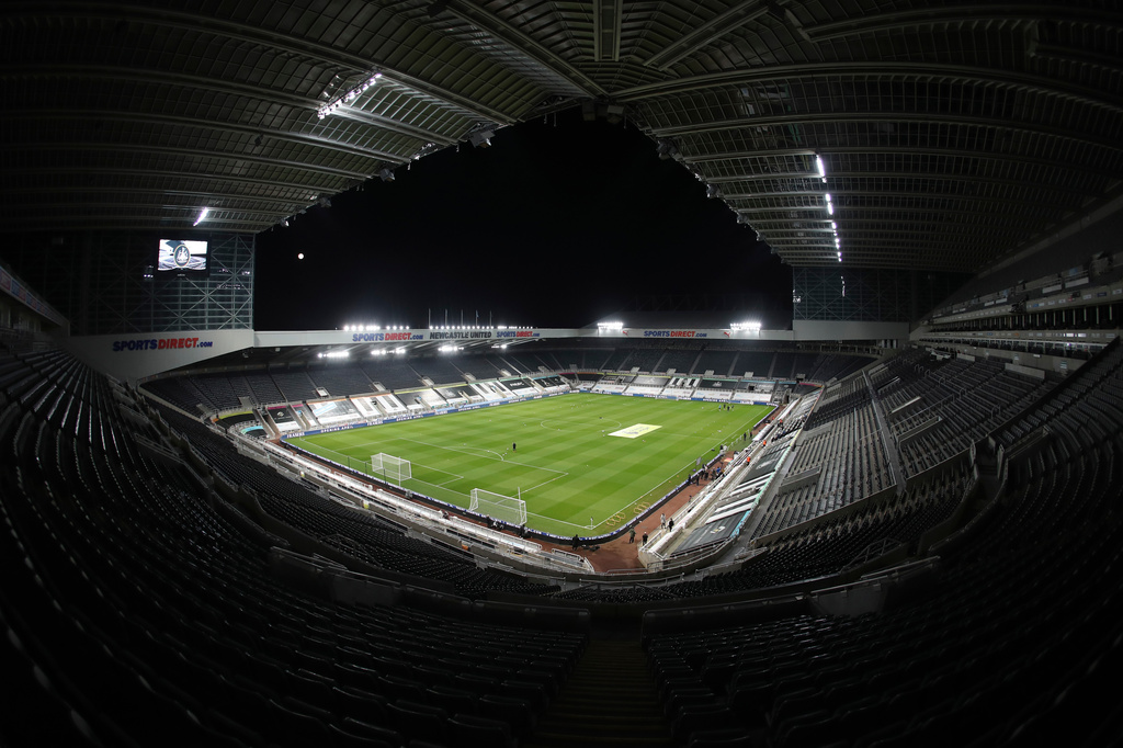 FILE - General view of the St James' Park stadium ahead of the English Premier League soccer match between Newcastle United and Wolves in Newcastle, England, Sunday, Feb. 27, 2021. (Alex Pantling/Pool via AP, File)