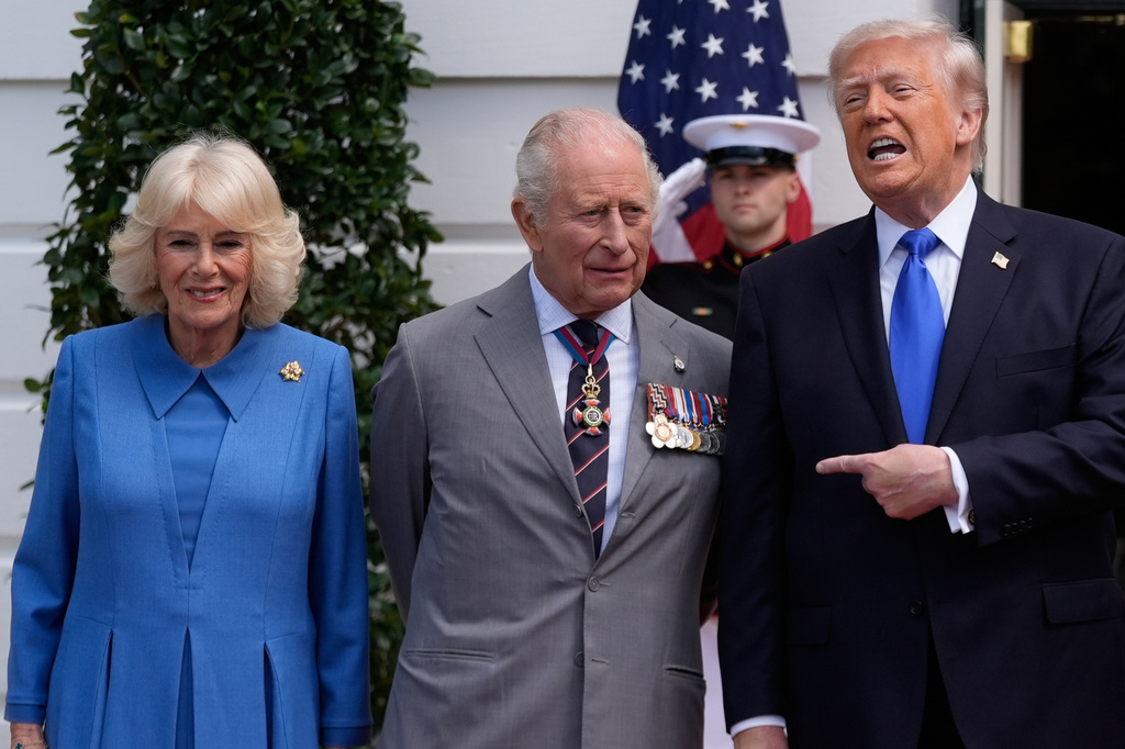 President Donald Trump greets Britain's King Charles III and Queen Camilla for a departure ceremony on the South Lawn of the White House, Thursday, April 30, 2026, in Washington. (AP Photo/Manuel Balce Ceneta)